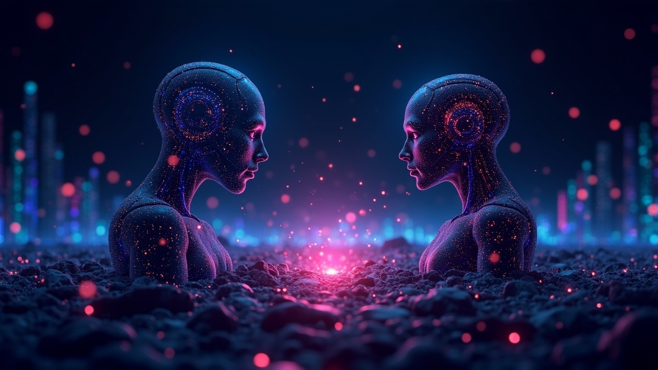 Two neon-lit AI avatars clash in a digital agora with data streams and regulatory scales.