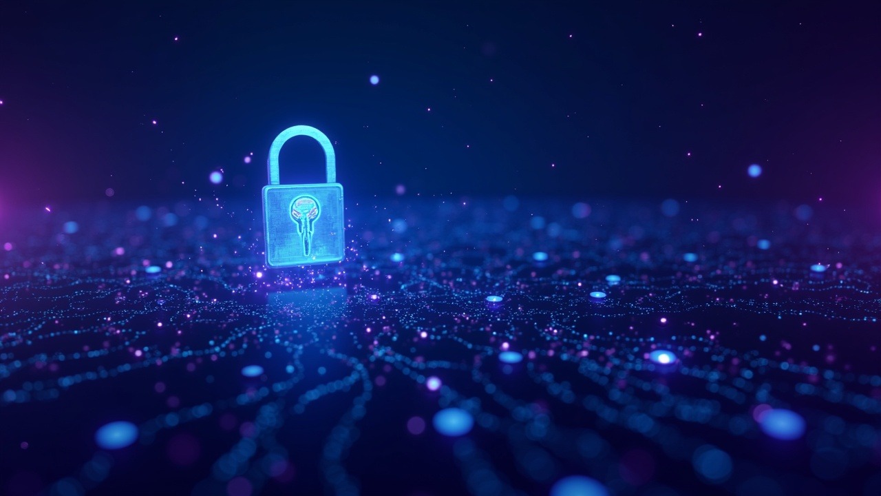 Neon crypto header with AI threat silhouette over a glowing blockchain, smart contracts, and a digital key lock.