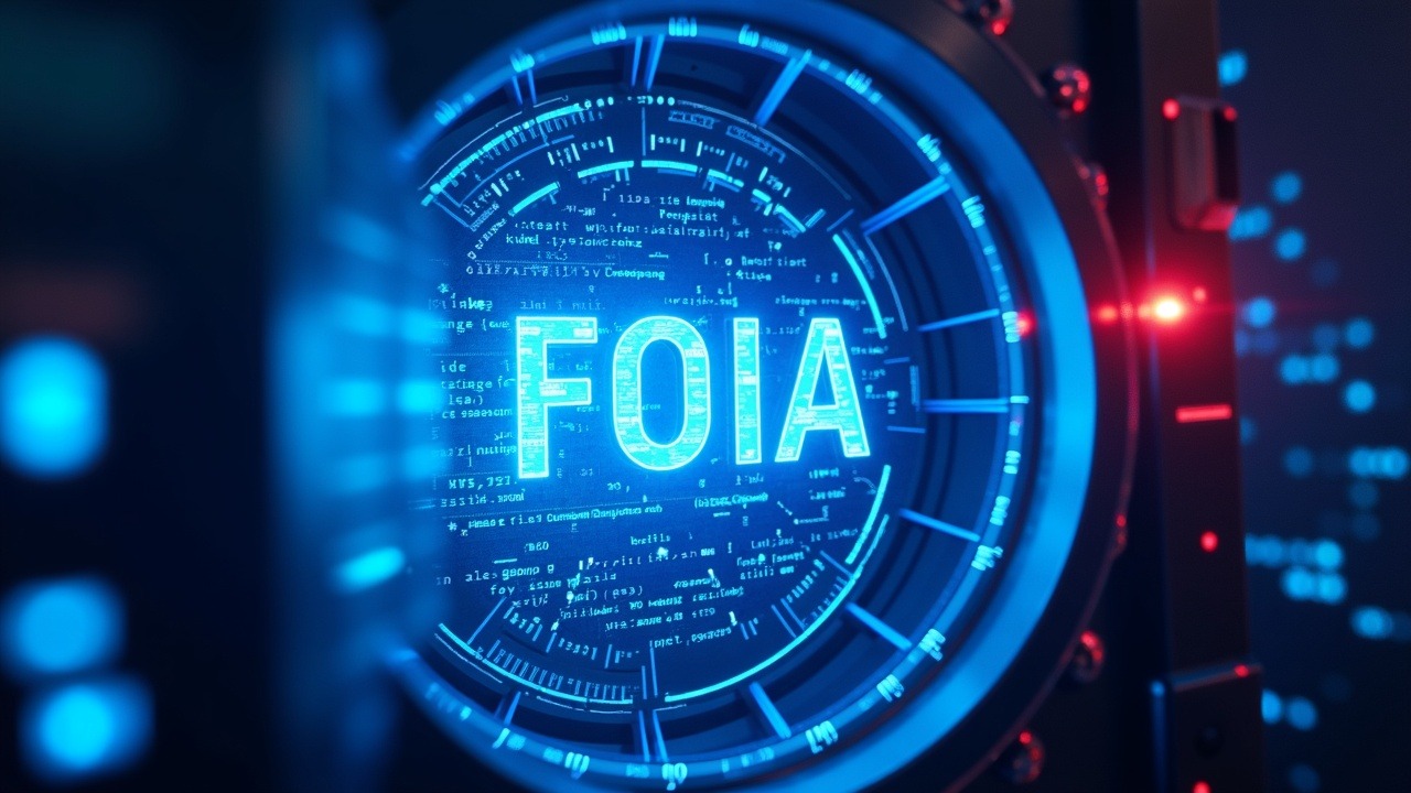 Neon-lit bank vault opens as streams of digital code and crypto motifs flow outward; FOIA letters dissolve in light.