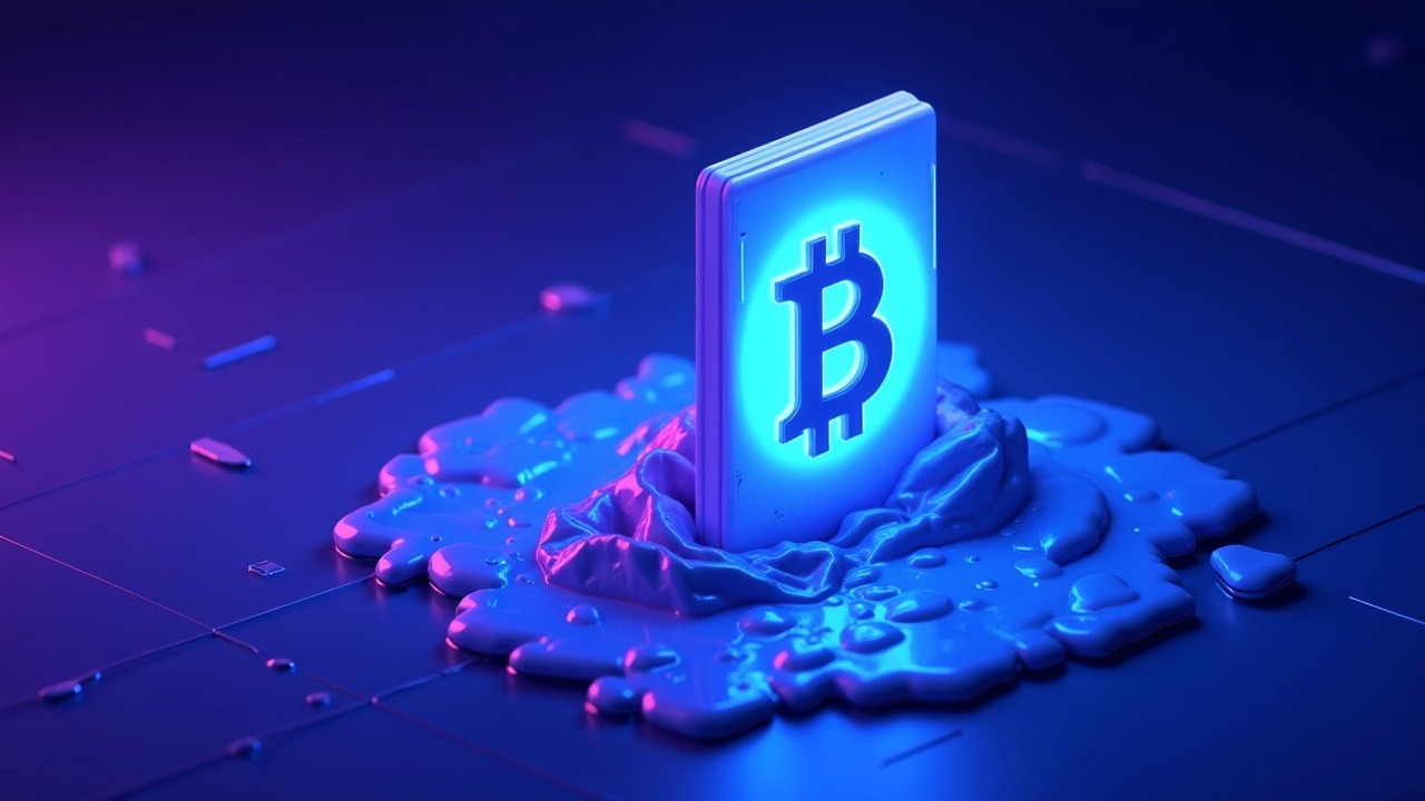 Neon Bitcoin icon draining from ETF wrappers under a blue-cyan-purple glow, signaling five-week liquidity outflows.