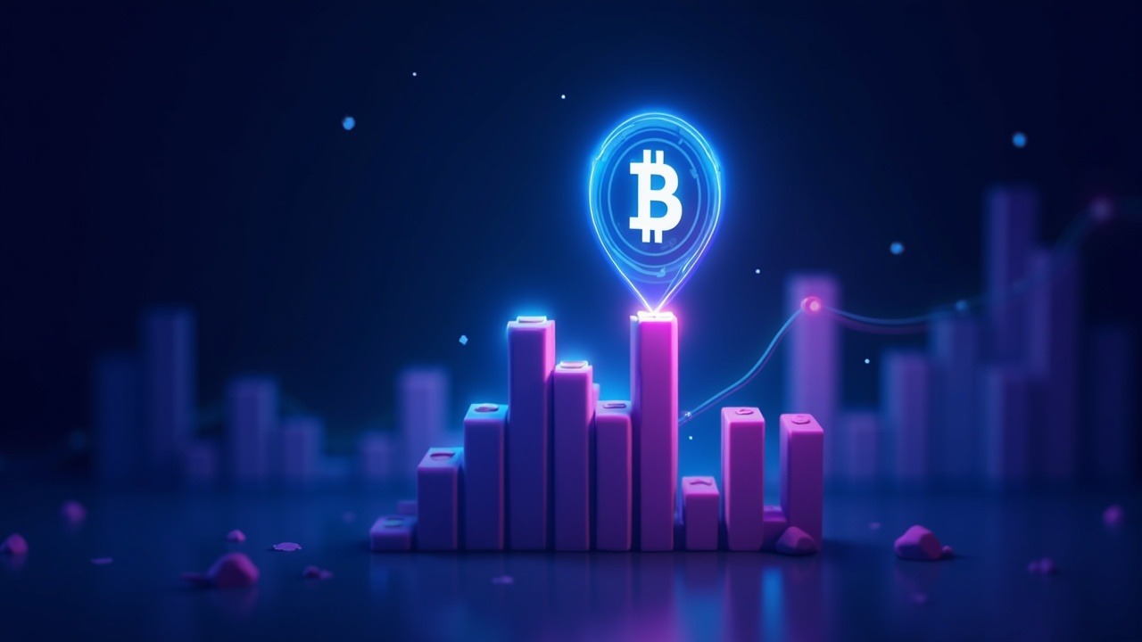 Neon Bitcoin icon rises above a 3D ETF inflow chart with blue and purple glow.