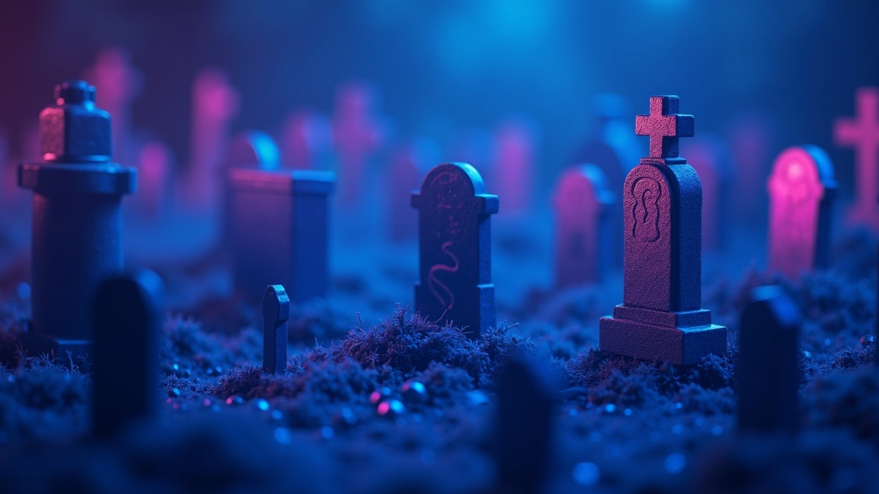 Neon-lit crypto graveyard with a central tombstone, regulator shadow, and blue-pink glow