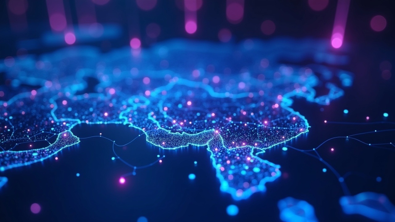 Neon-lit crypto hub in a newsroom, glowing coins tracing a map toward Iran under blue and purple lights.
