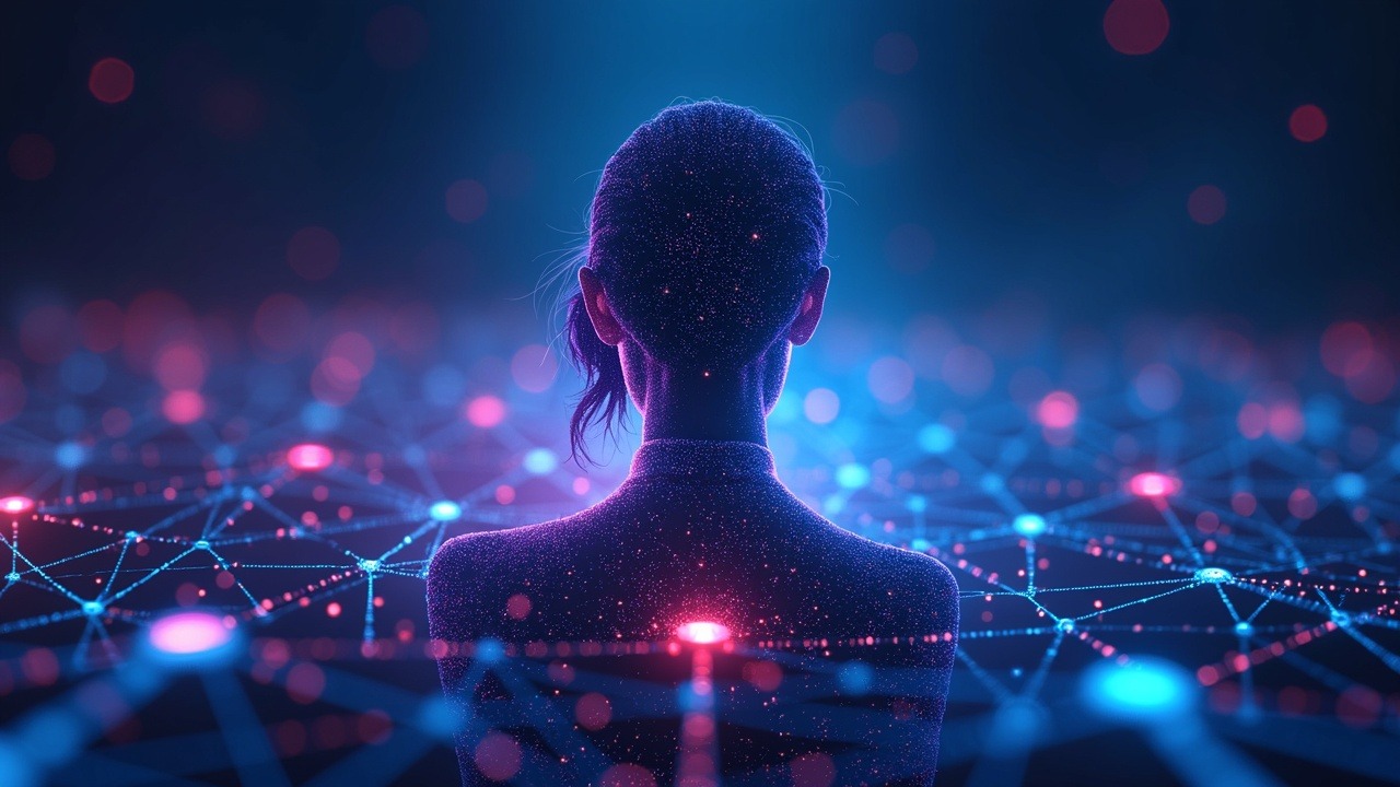 Neon crypto illustration with a female executive silhouette over a glowing blockchain, symbolizing regulatory debate and decentralization