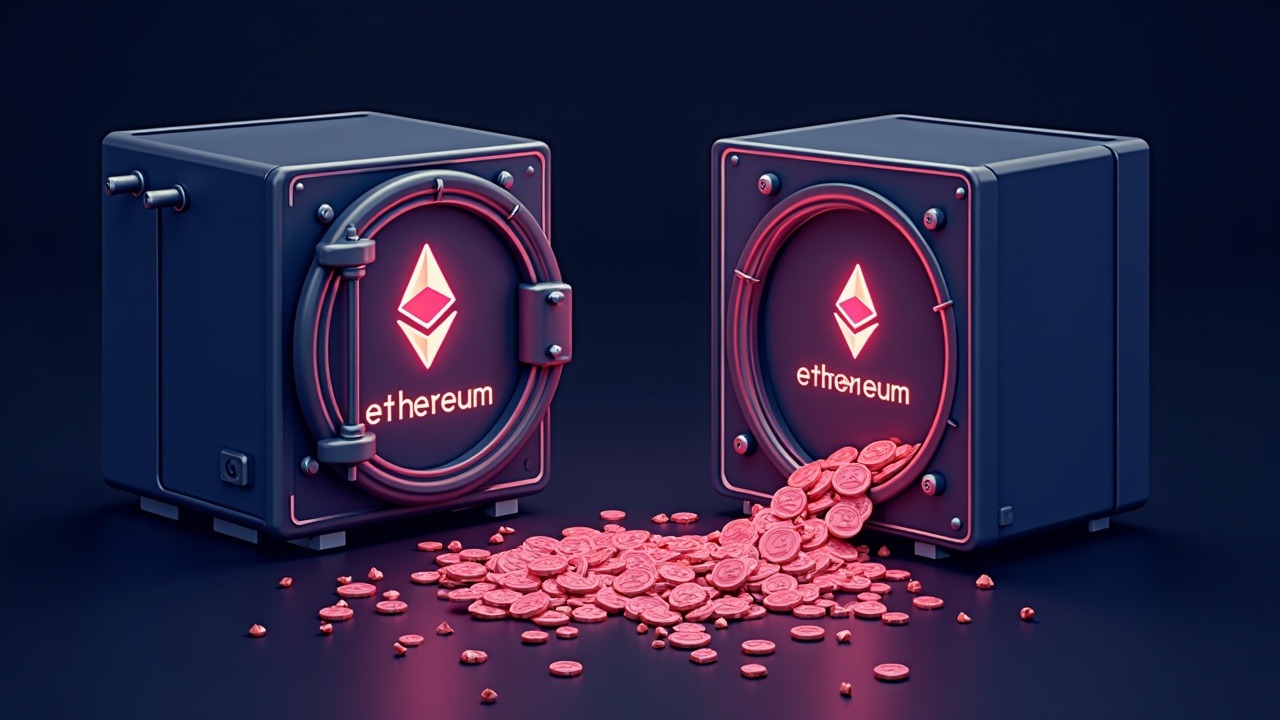 Neon Ethereum vault spills ETH into a staking and tokenization platform, symbolizing losses and strategic pivot.