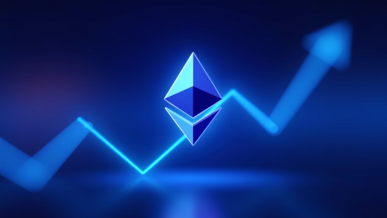 Neon Ethereum illustration with ETH logo at center, upward-trending line, staking validator queue in the background, subtle 3D glow.