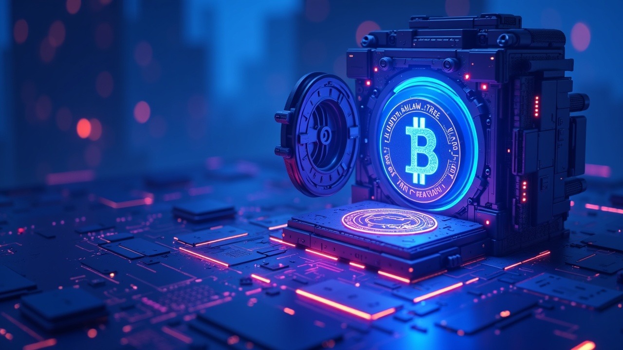 Cyberpunk crypto scene with a Bitcoin vault, custody gatekeeping, and tokenized assets against a neon backdrop.
