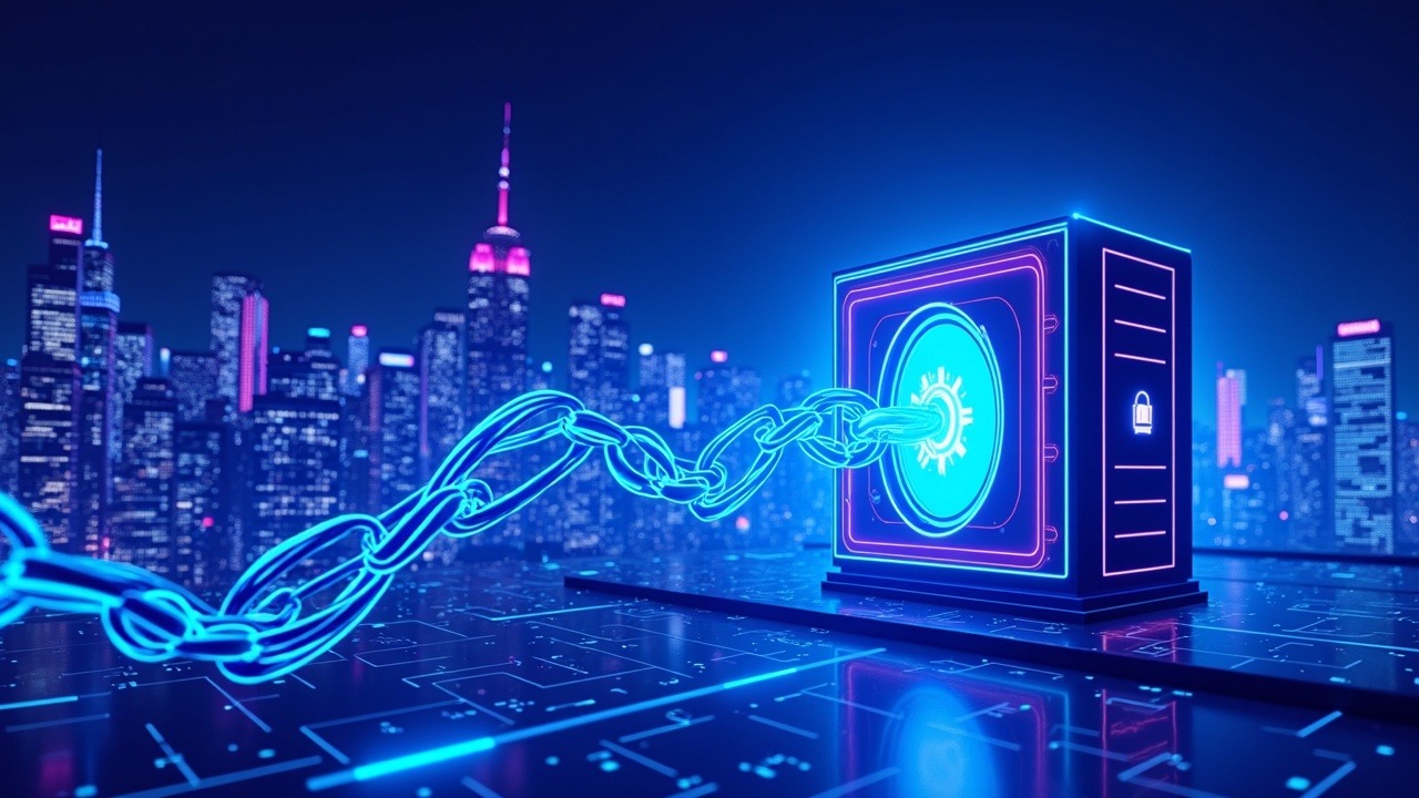 Neon-lit tokenized Treasuries flow from a digital vault to a futuristic exchange above a blue-purple Wall Street skyline.