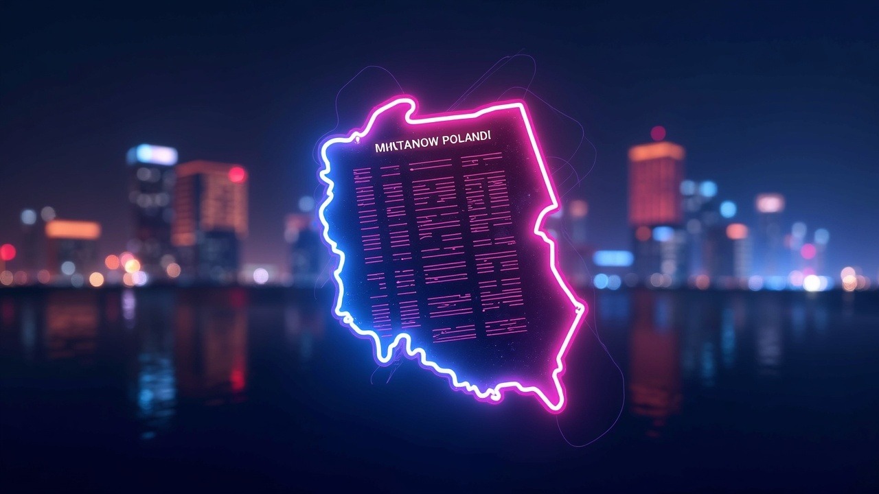 Neon-lit Poland with a cracked MiCA document, crypto firms migrating to EU licenses, Warsaw skyline.
