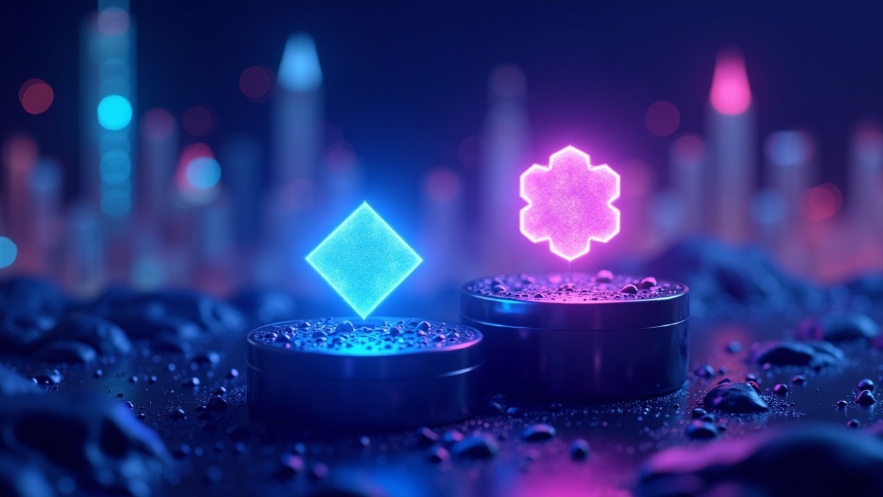 Polkadot and Solana logos as glowing crystalline tokens over a neon tech skyline with Nvidia earnings glow