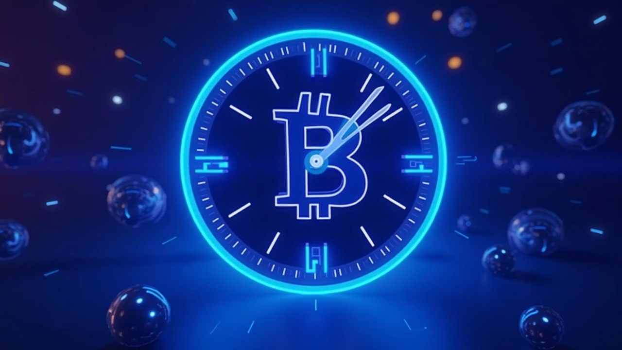 Neon Bitcoin scene with a rolling five-minute clock over an on-chain order book and blue-purple glow.