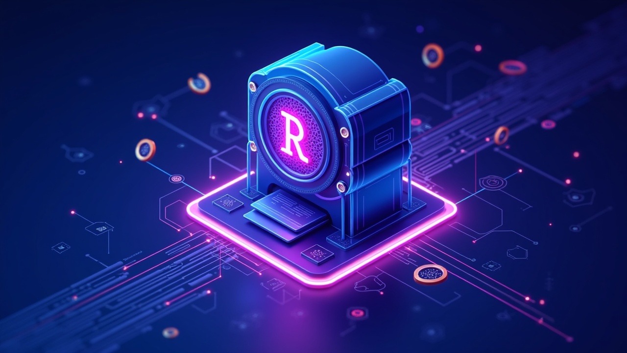 Hyperreal neon on-chain vault issuing an RWA-backed stablecoin with dual-token flow, blue-cyan-pink glow.