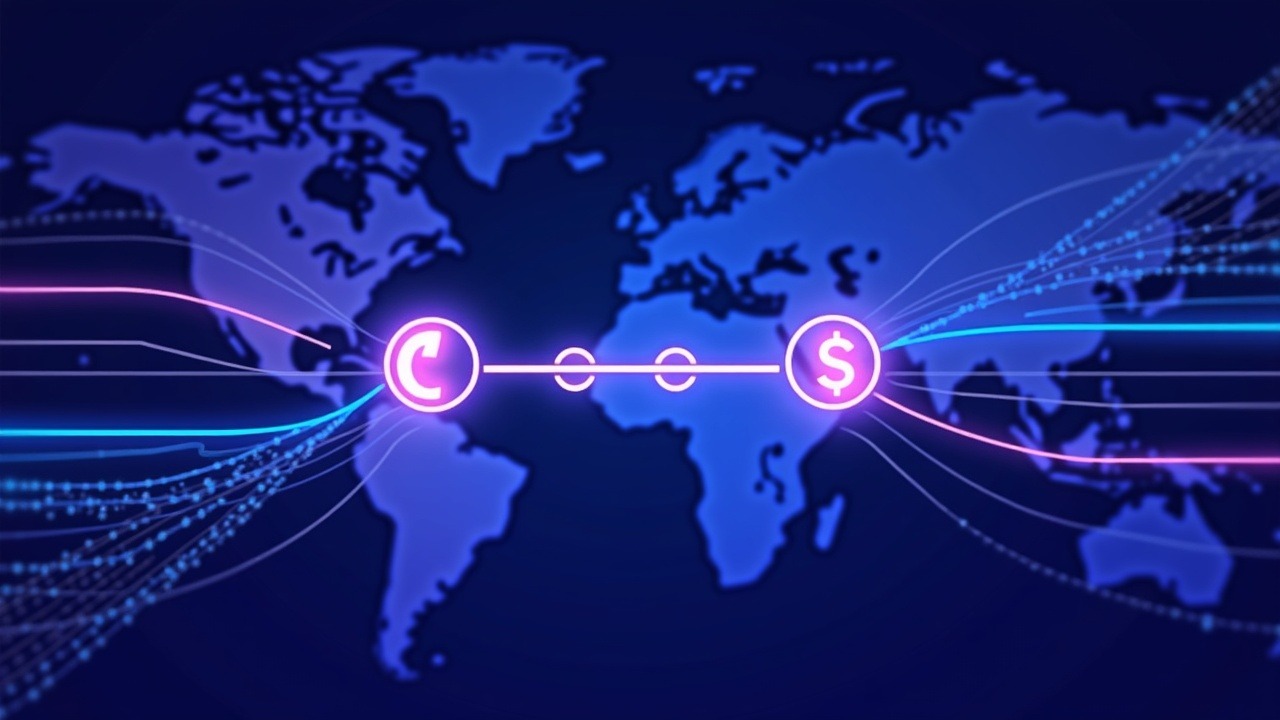 Neon crypto scene: an on-chain bridge between two glowing stablecoin hubs, with speed lines and a blurred regulatory map.