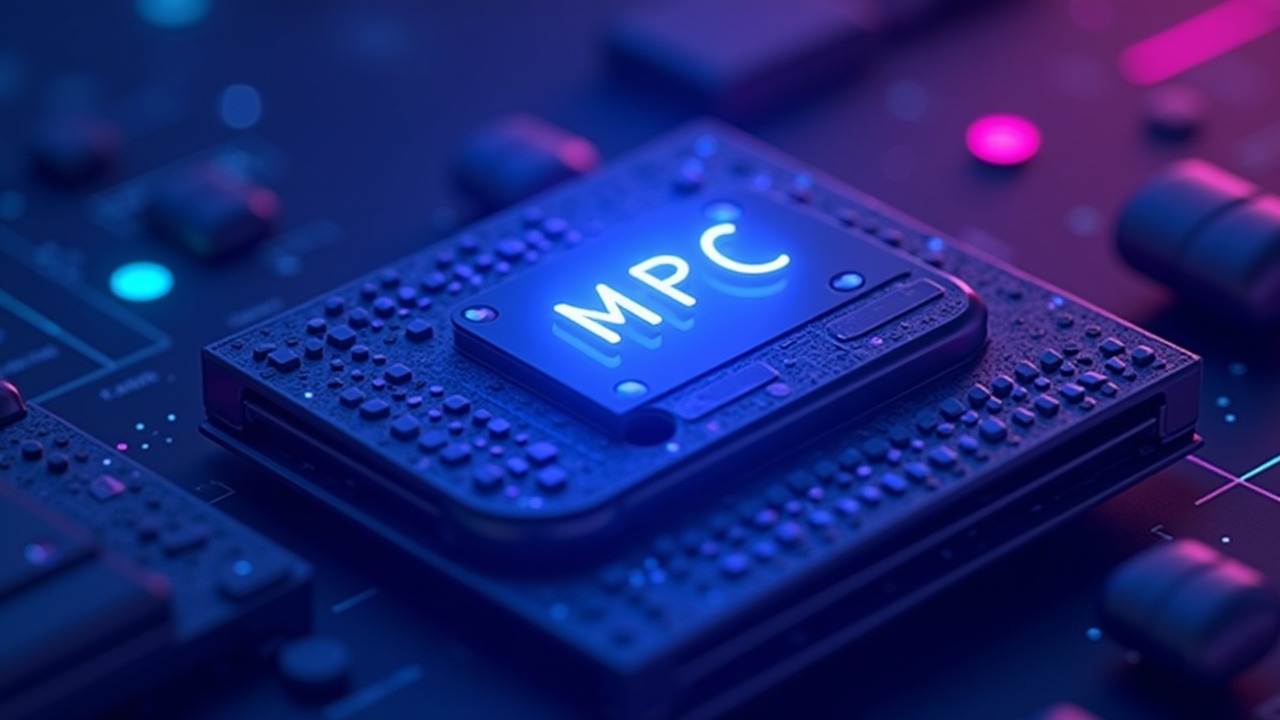 Futuristic institutional seedless wallet with MPC and embedded hardware keys, tokenized assets, neon glow.