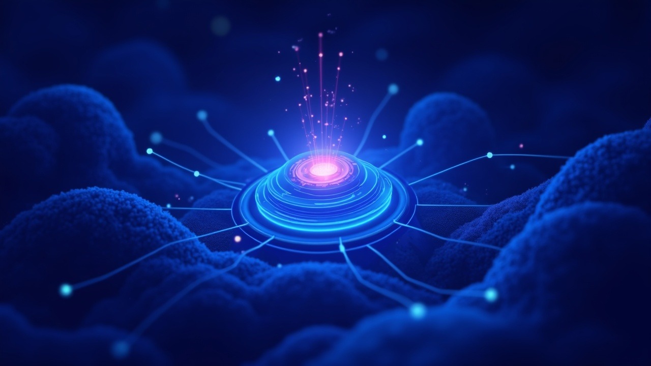 Neon illustration of solar asset tokenization powering DeFi growth with on-chain collateral concept and subtle Aave branding.