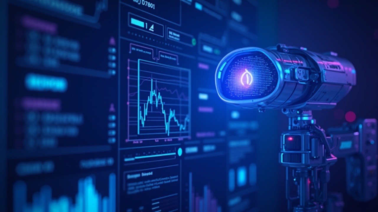 Neon-style AI dashboard analyzing crypto market data with Nvidia H100 GPUs and cyan-purple glow.