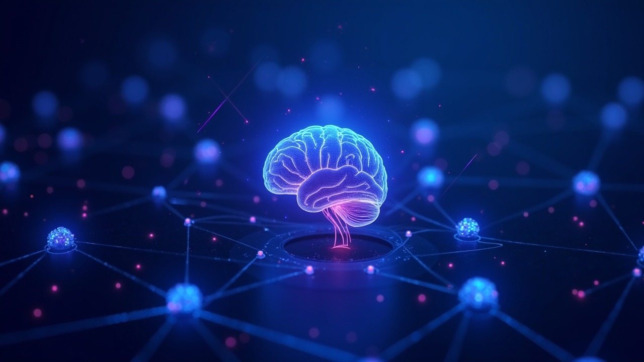 Hyperreal neon AI brain above decentralized blockchain nodes with malware glyphs, blue cyan magenta, cyber threat mood.