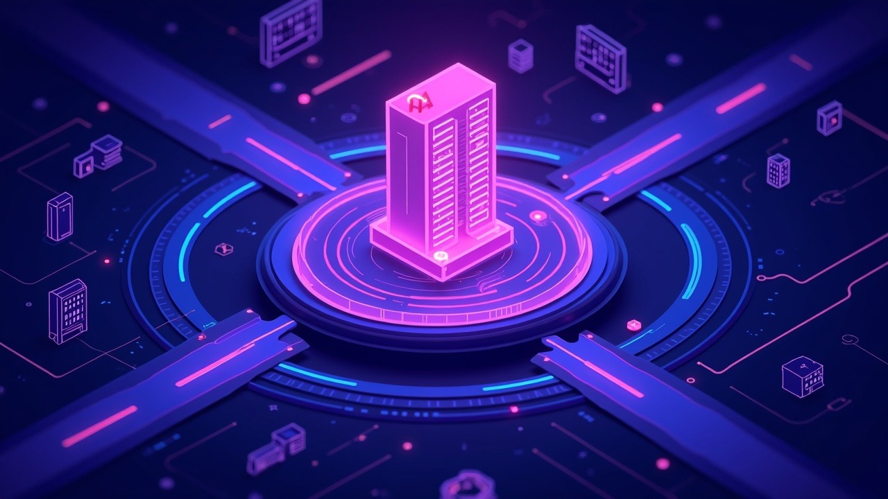 Neon 3D blockchain hub linking tokenized real-world assets to on-chain rails with purple-blue glow.