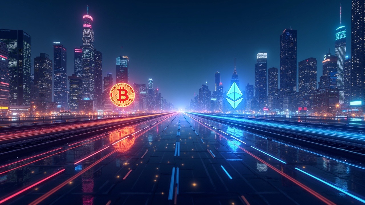 Neon cityscape with Bitcoin and Ethereum holograms, showing regulated venues and permissioned rails in TradFi crypto market.