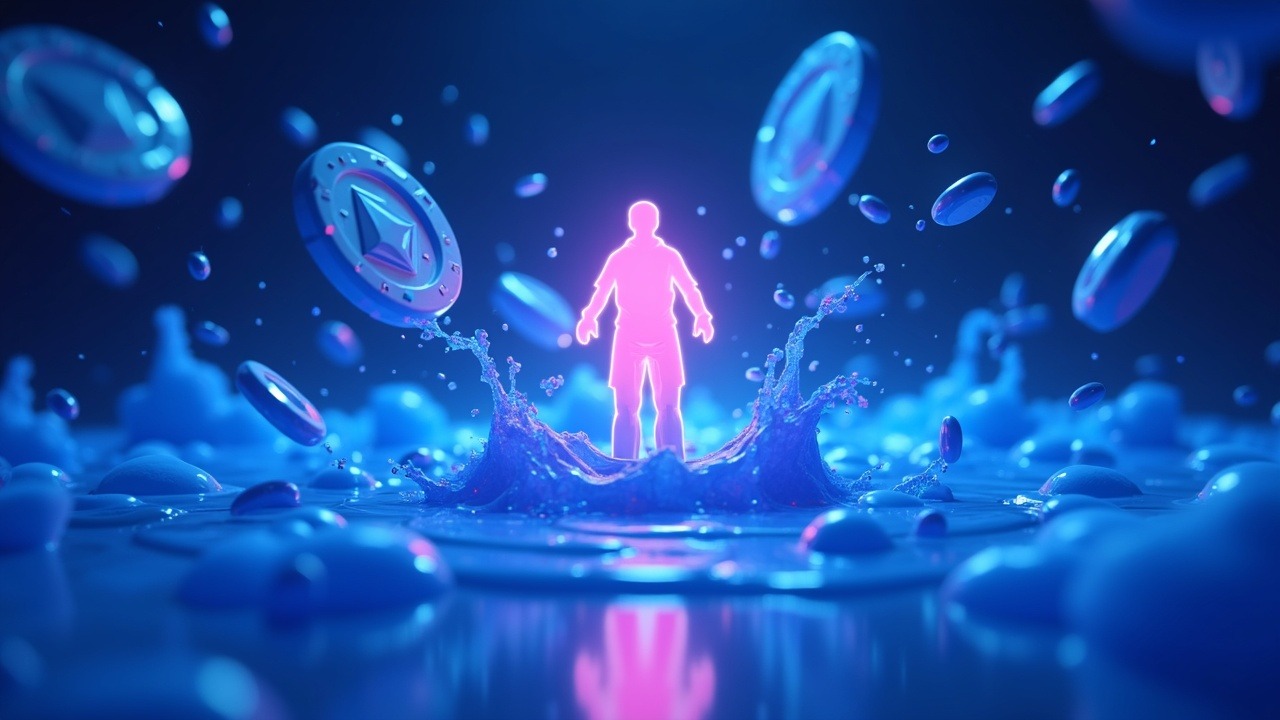 Neon artwork showing Ethereum tokens cascading into a blur of liquid futures with a central deleveraging figure.