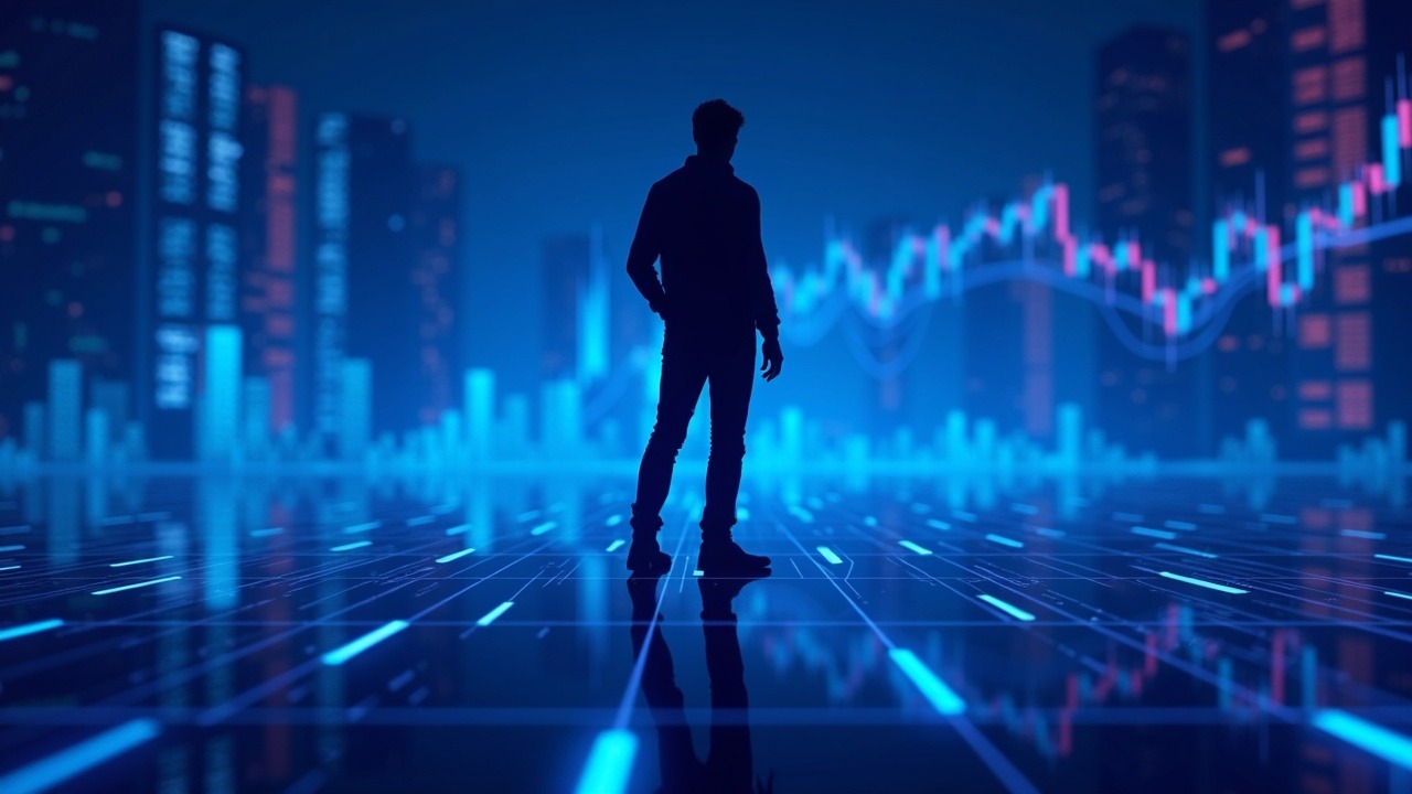 Cyberpunk illustration with Vitalik silhouette, ETH shards toward exchanges, and a subtle neon price chart in blue/cyan/purple