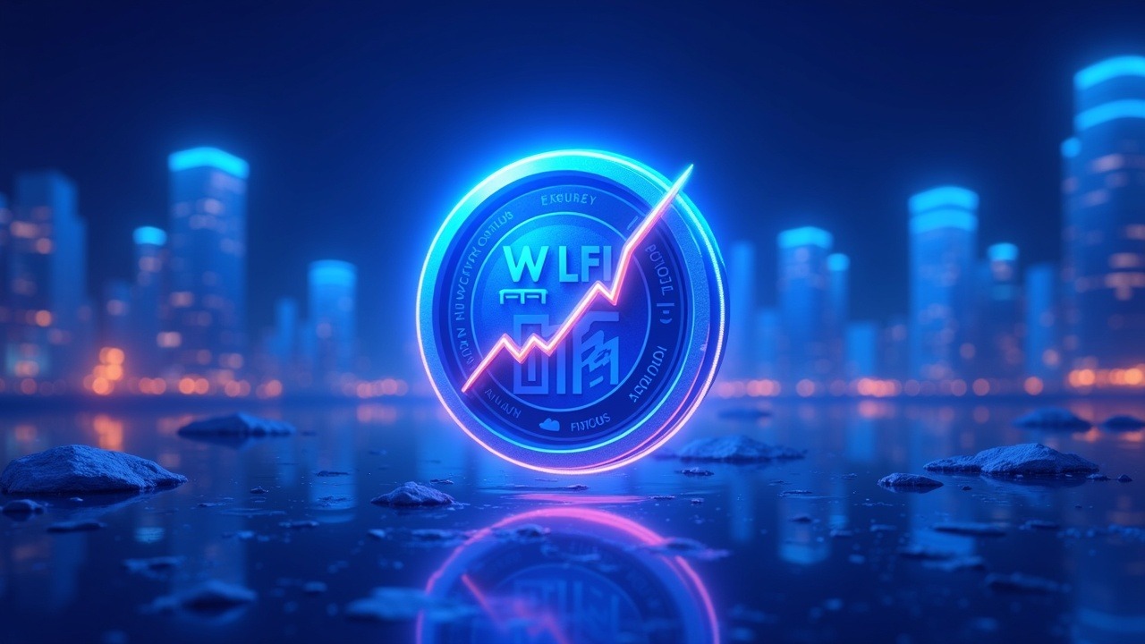 WLFI token with dramatic price drop and volume spike in a neon crypto illustration over a blurred digital cityscape.