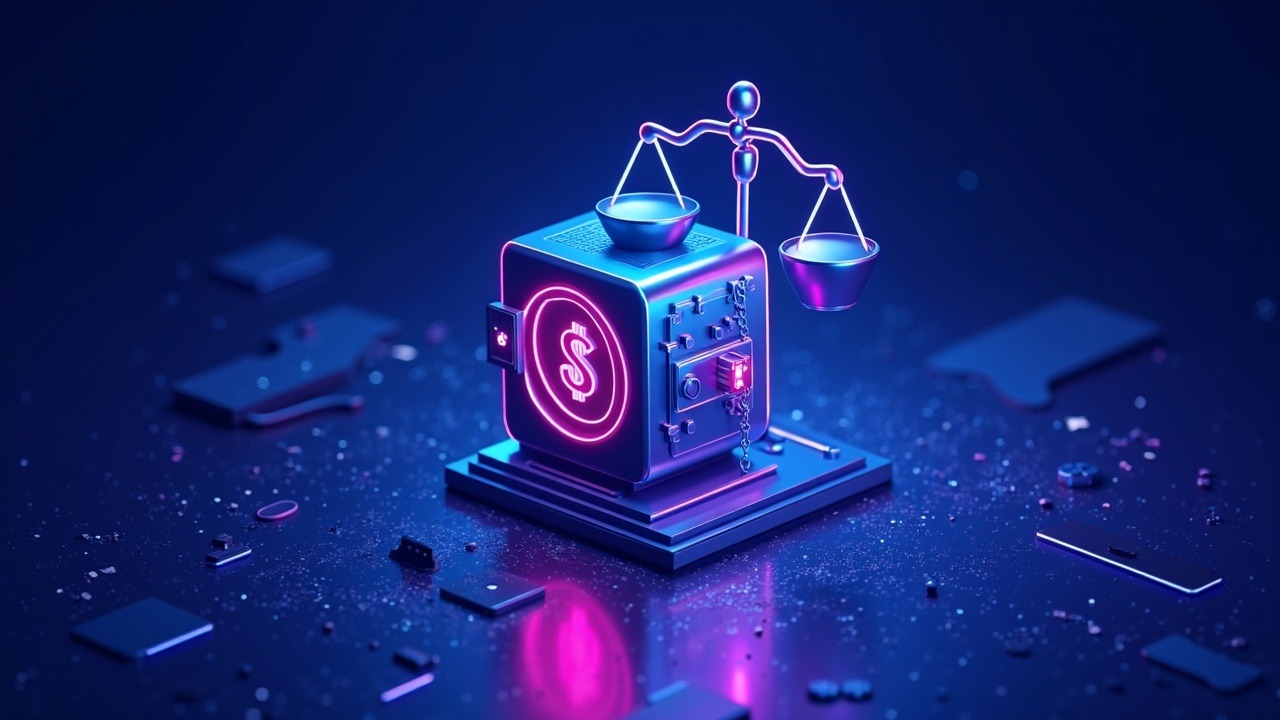 Neon World Swap concept showing a USD1 stablecoin vault, a central cross-border payments gateway, and regulatory scales in cyan-magenta glow.