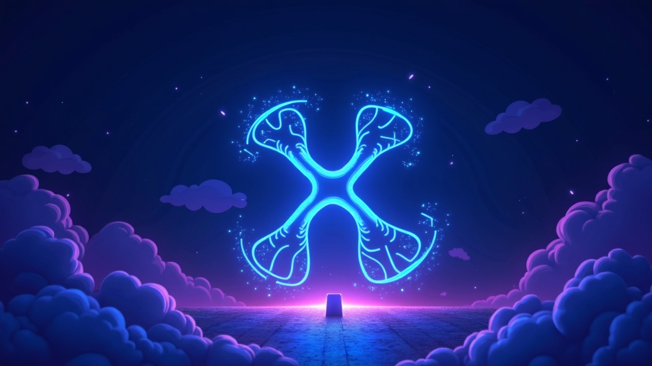 Neon XRP logo with downward price path and breached support, set against a cyan-purple regulatory backdrop.