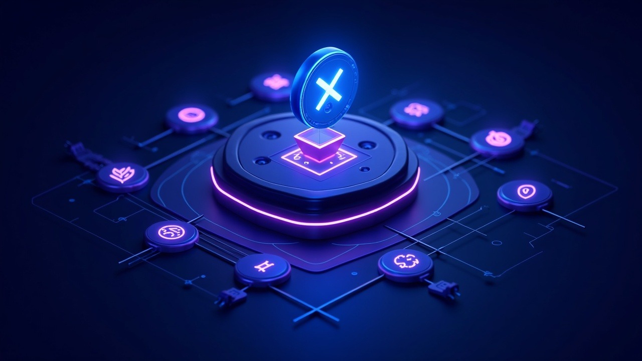 XRPL XRP token center with time-locked escrow linking to several token icons, neon blue-purple glow.