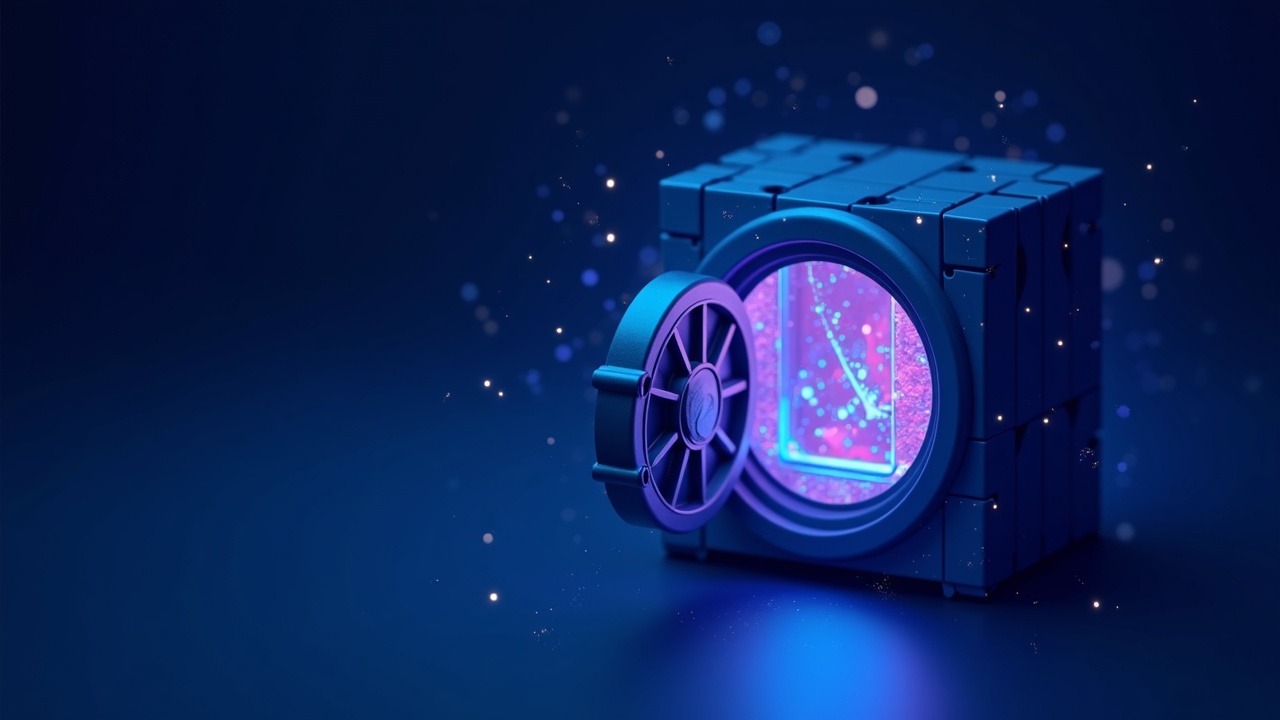 Hyperreal crypto illustration in a 401(k) context showing digital asset vault opening with neon blue, cyan, and purple glow.