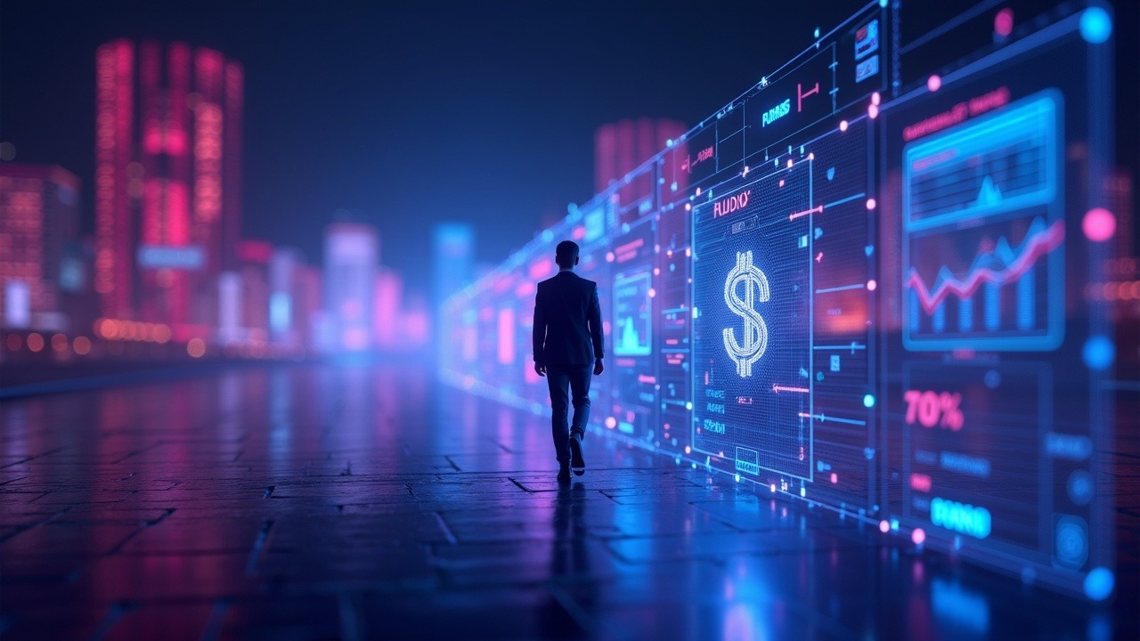 Neon-lit illustration of decentralized crypto governance with transparent dashboards and a central figure stepping away.