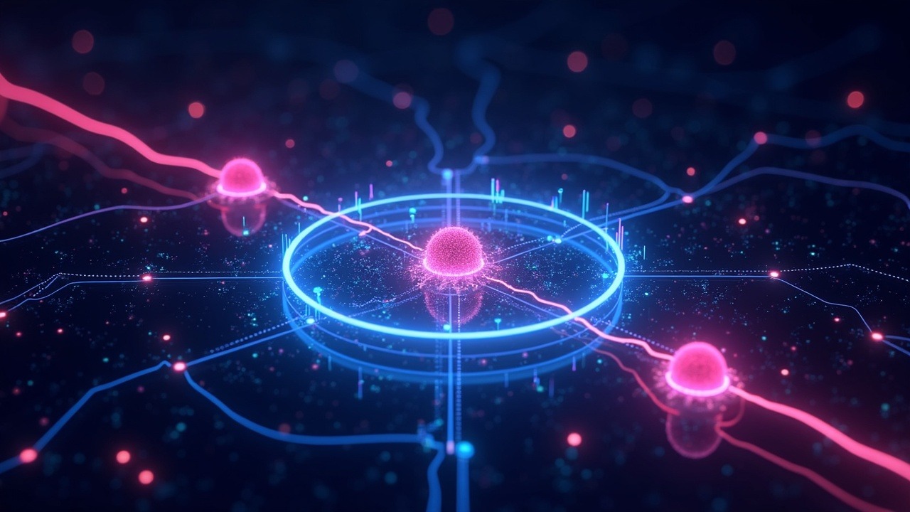 Neon DeFi scene of a massive swap draining into a tiny AAVE pool with glowing liquidity bars and routing traces.