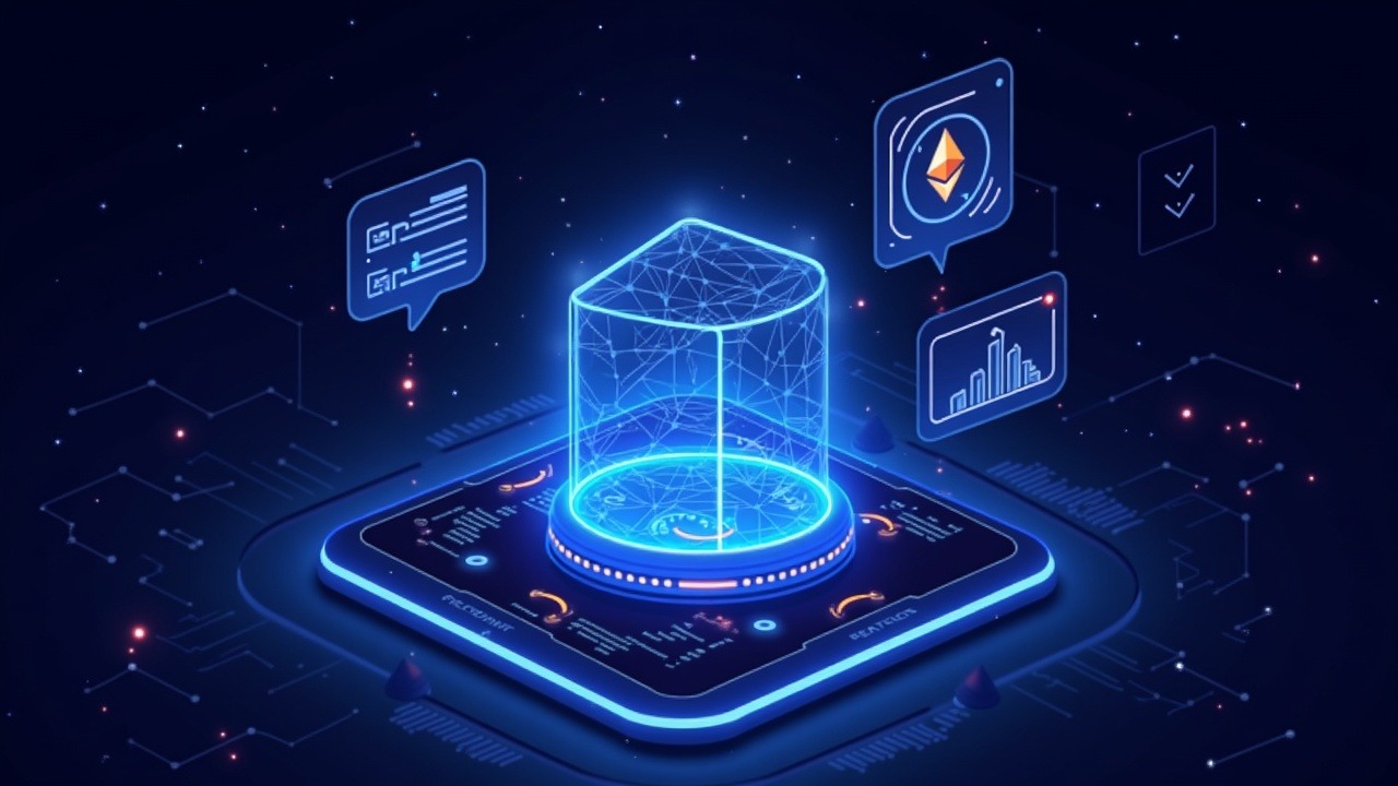 Neon-lit illustration of near-unanimous Aave DAO vote on V4 mainnet, featuring a holographic dashboard and liquidity icons.