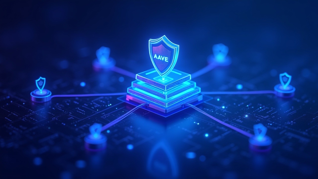 Neon illustration of Aave V4's hub-and-spoke security design with shield nodes around a core code hub.