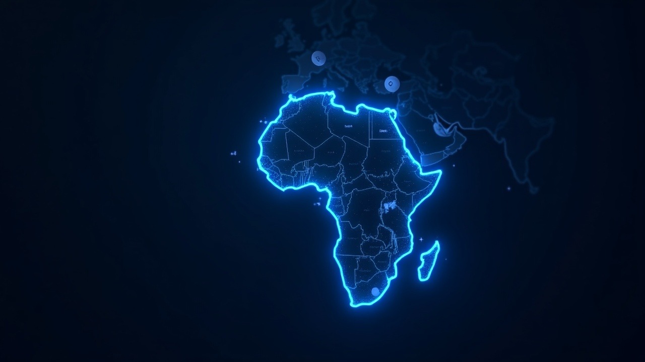Africa map with neon USDC tokens flowing across borders, highlighting on-chain cross-border payments