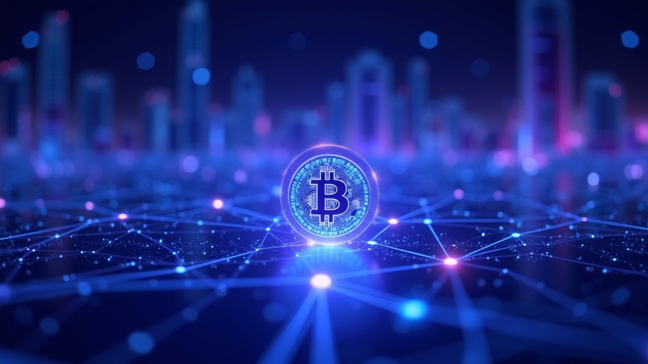 AI-driven institutional capital flowing into Bitcoin and Ethereum, with tokenization links, neon glow, and a futuristic city backdrop.