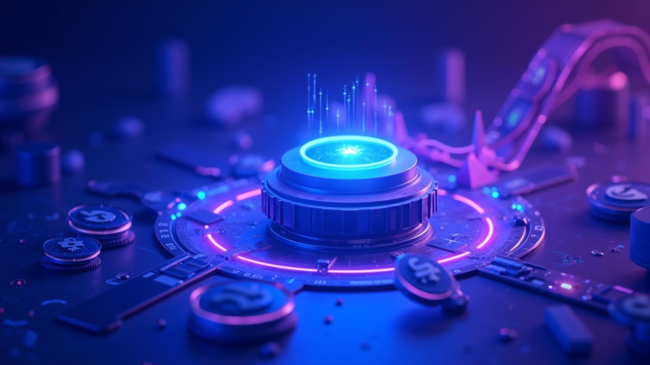 Futuristic neon trading hub showing tokenized markets with central bank digital money flowing into assets.