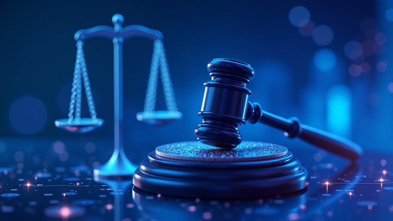 Futuristic crypto illustration with a central gavel, digital coins, and scales of justice under neon blue and purple light.