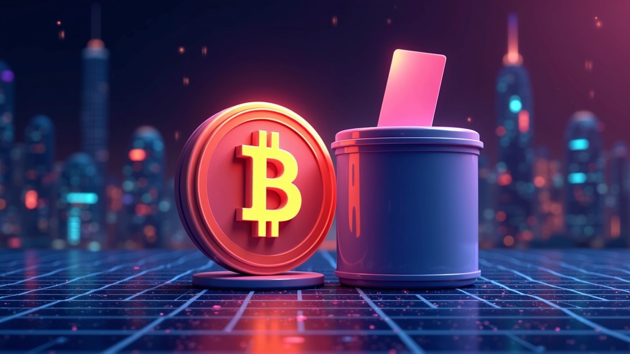Neon illustration of Bitcoin rising beside a split Aave governance ballot, with a futuristic city and digital grid