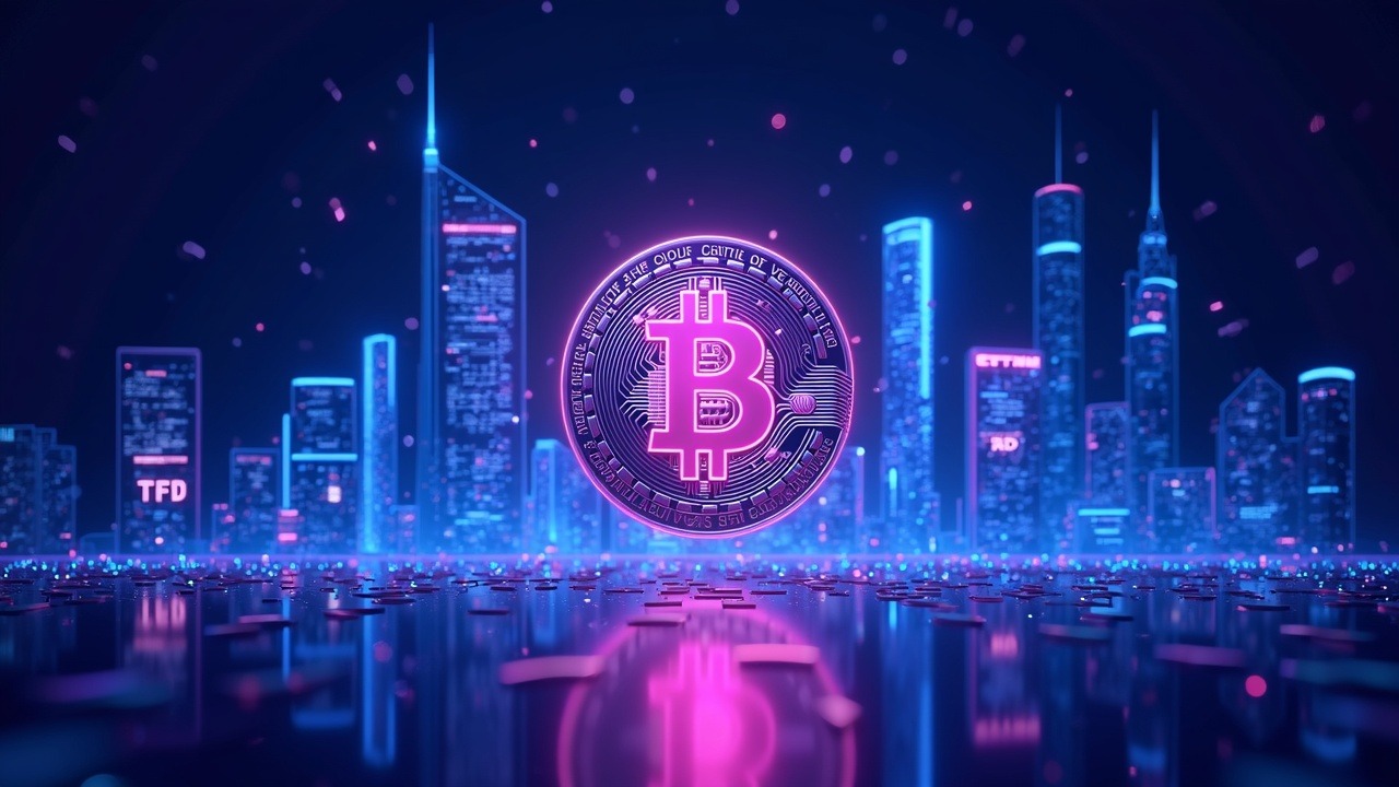 Hyperrealistic neon Bitcoin at center as institutional buyers flow in, ETF logos and glass towers in blue cyan glow.