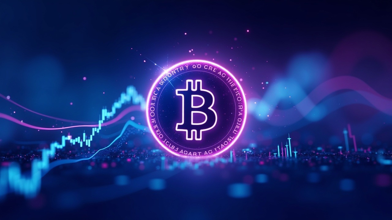 Neon Bitcoin badge at center with rising futures charts and ETF-flow visuals in blue and purple glow.