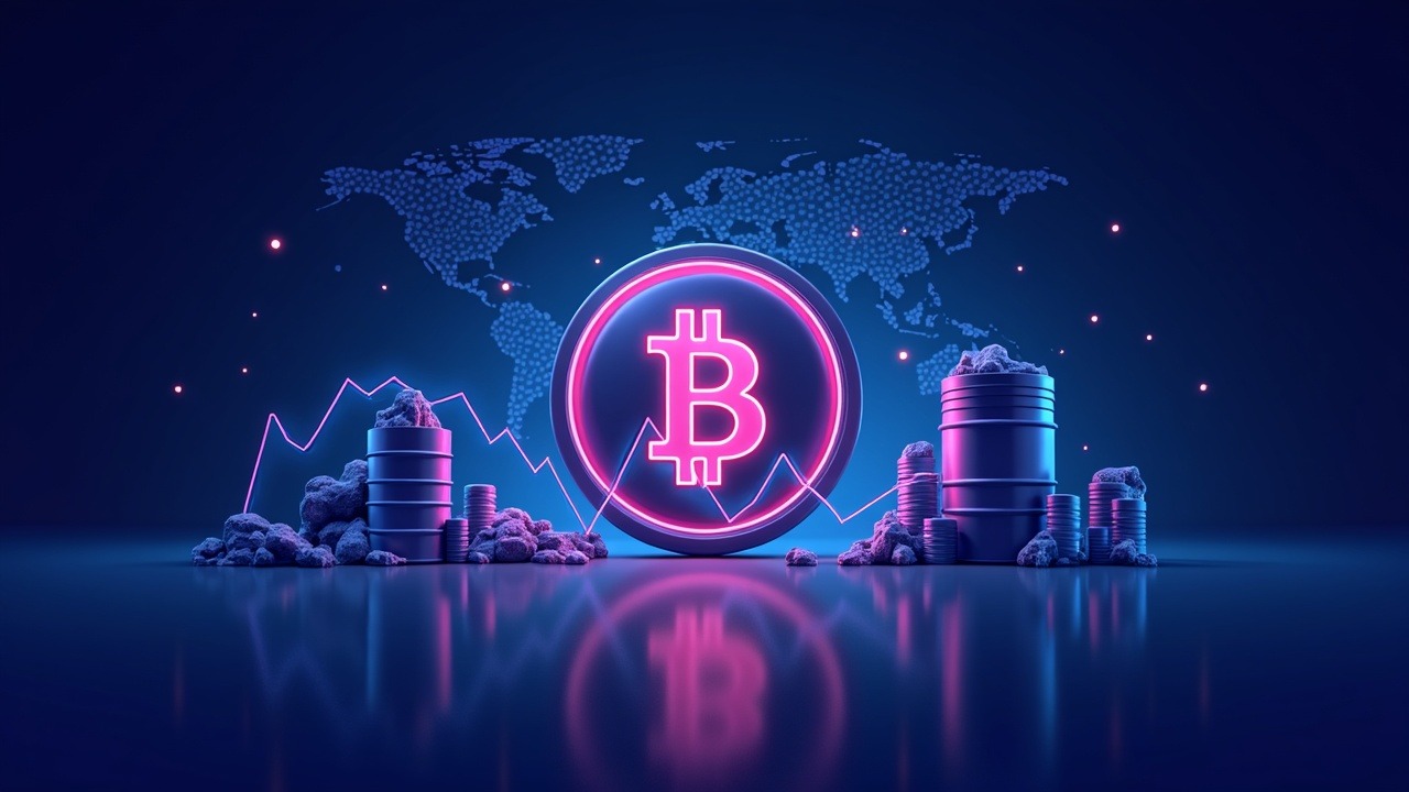Neon Bitcoin graphic with a fluctuating price line, an oil barrel, and a geopolitical backdrop in blue-cyan-pink glow.