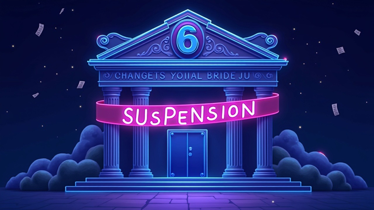 Neon-lit crypto exchange facade with a six-month suspension banner, AML/KYC paperwork, and FIU badge.