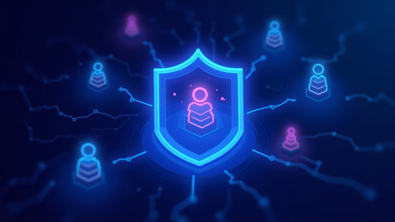 Neon crypto exchange scene with a central digital shield blocking new user transfers under blue-cyan-purple lighting.