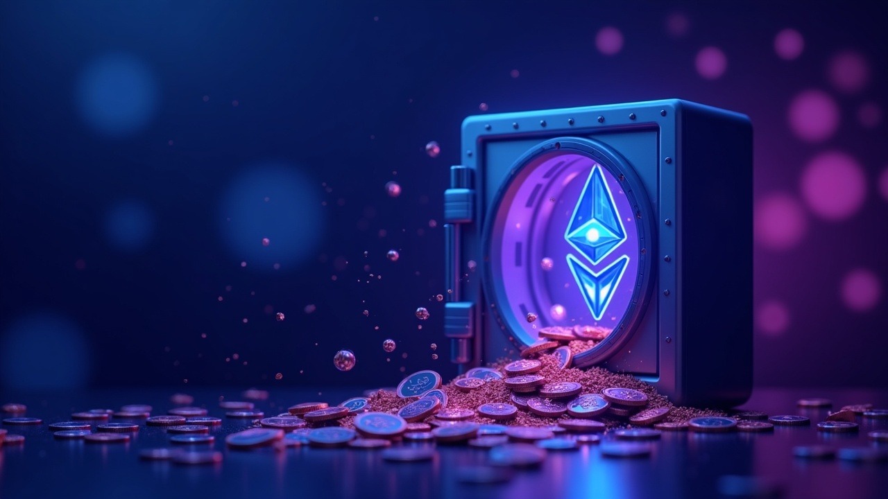 Hyperreal neon illustration of a corporate treasury vault pouring Ethereum toward a 5% share goal with Ethereum logo