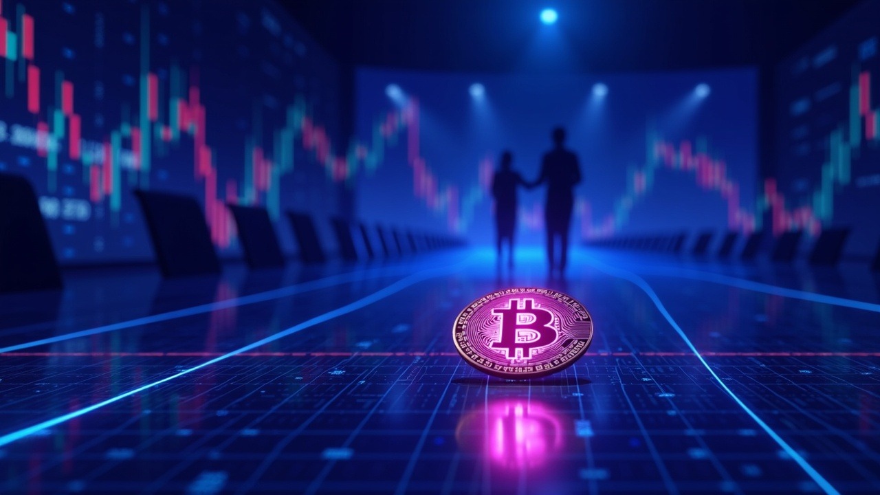 High-tech CEO silhouette above glowing IBIT ETF chart and Bitcoin coin in neon blue-purple glow