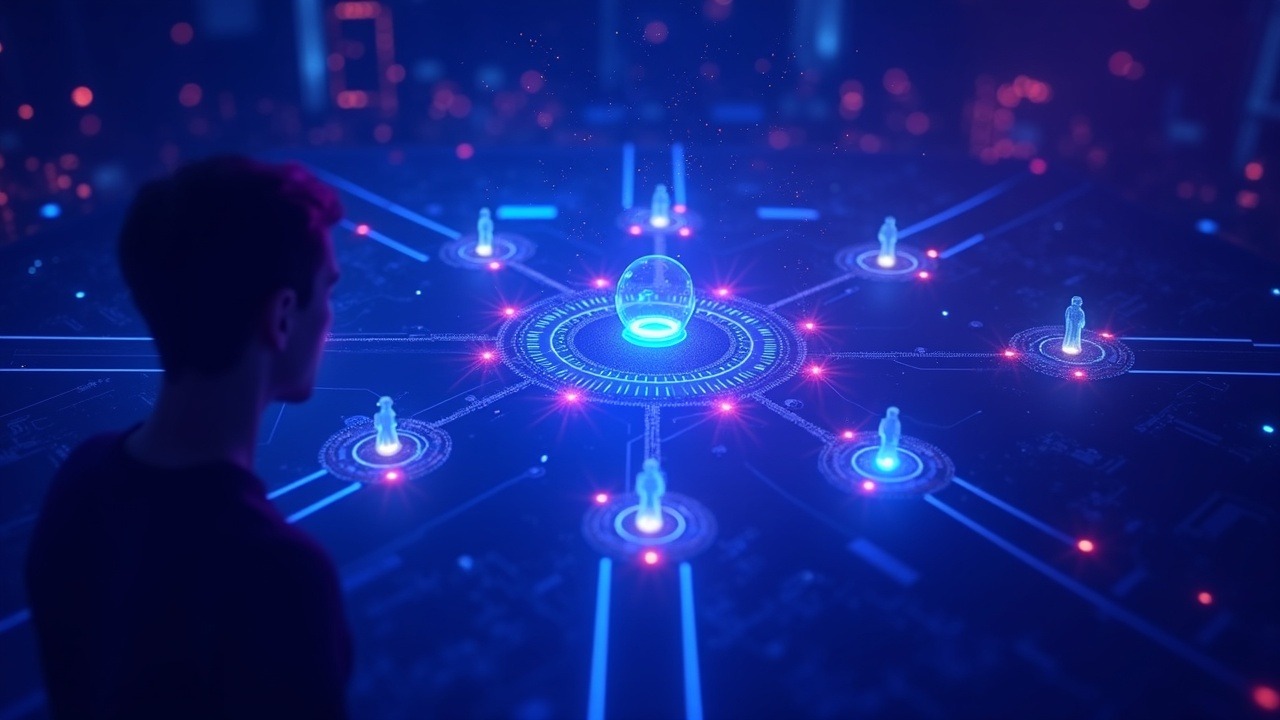 Hyperreal neon fintech scene with a central AI core guiding lean teams, glowing blockchain nodes and a subtle silhouette.
