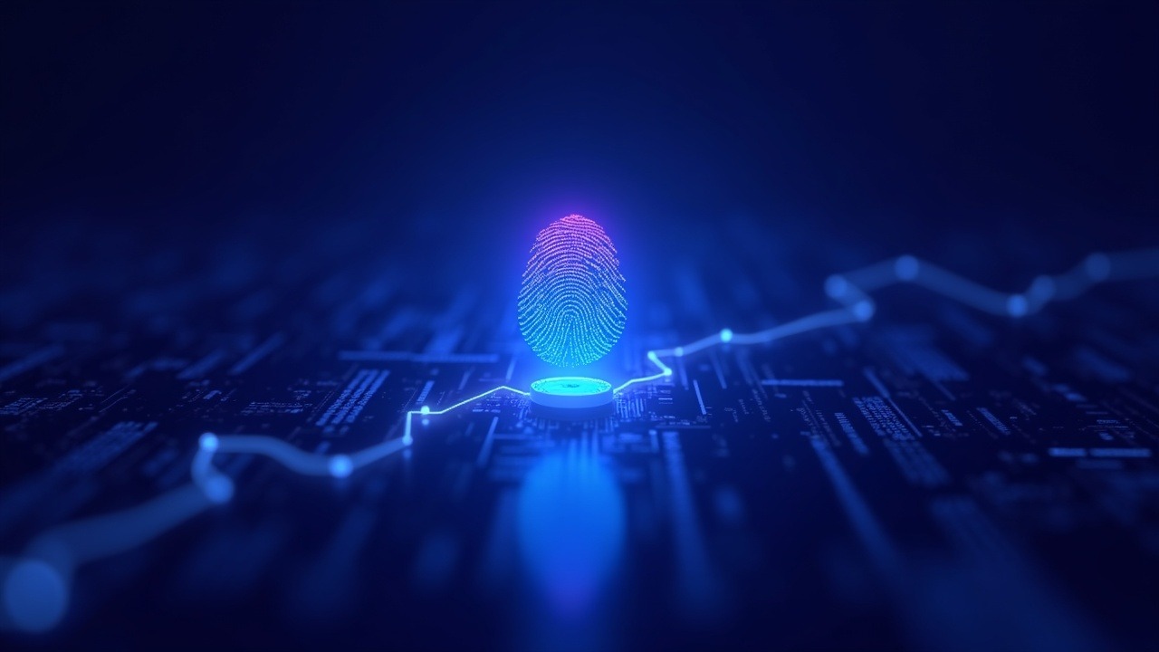 Hyperrealistic crypto artwork of a digital fingerprint on a glowing blockchain with blue-purple glow.