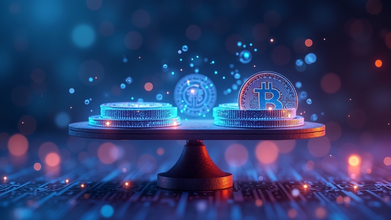 Neon Bank of England with orbiting holographic stablecoins and a 3D balance scale in a futuristic backdrop.