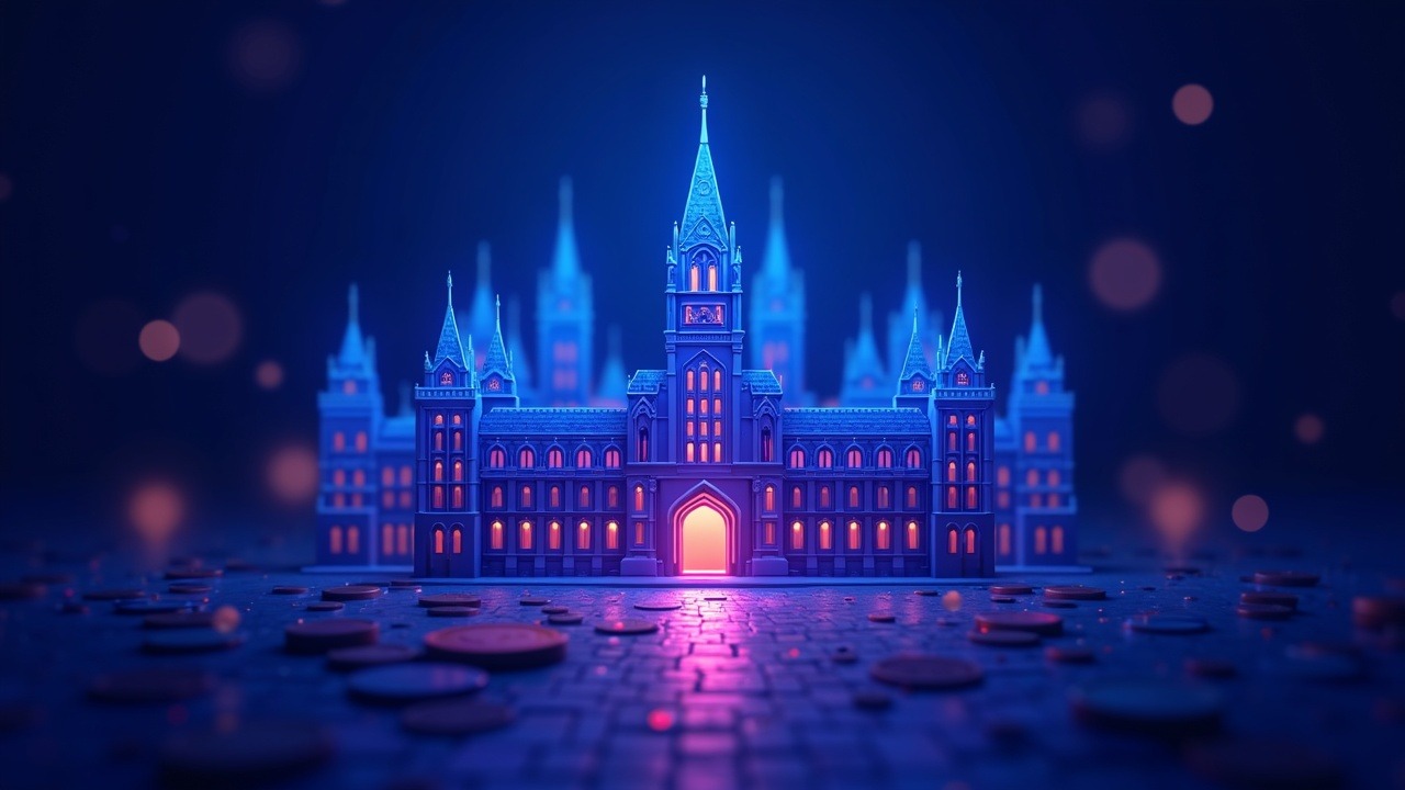 Neon illustration of Canada's Parliament with crypto coins locked in a vault amid blue glow.